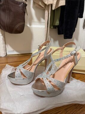 Cathy Jean Silver Crystal Embellished Open-Toe Slingback Heels